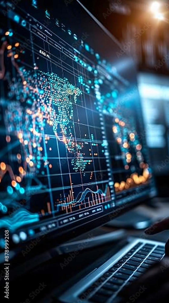 Poster close-up of a digital world map on a computer screen with data points and analytics, representing gl