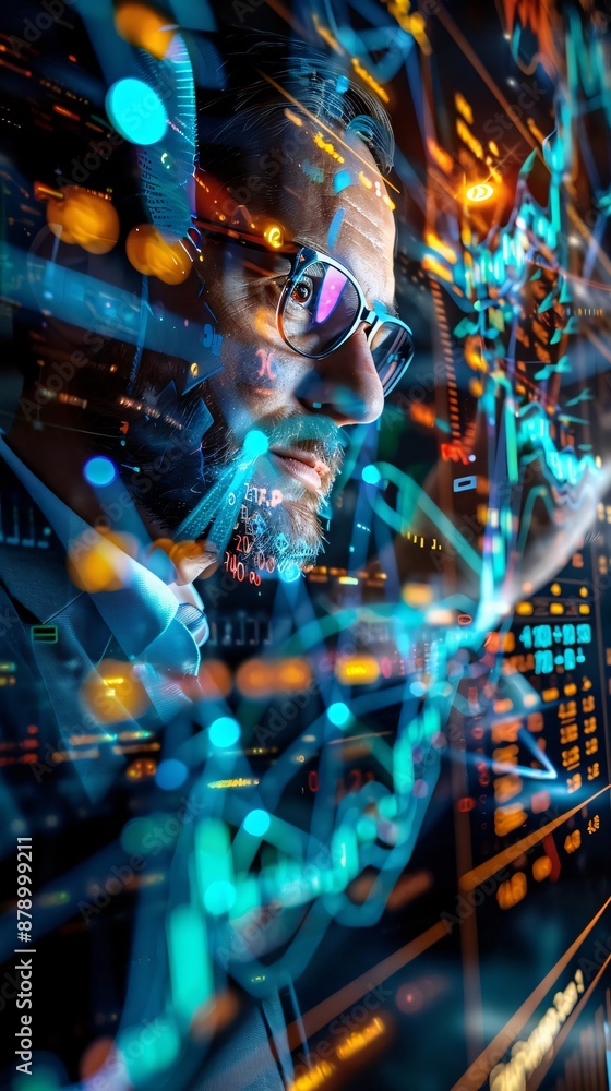 Poster man analyzing complex data on multiple screens, technology concept with futuristic data visualizatio