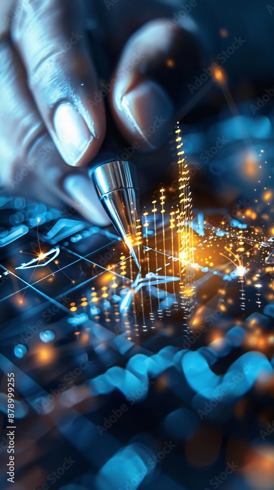Poster close-up of hand using stylus on futuristic touchscreen with glowing data graphs and charts, represe