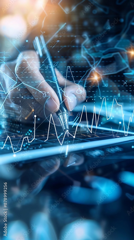Poster hand using stylus on futuristic touch screen with data charts and graphs, representing technology, f