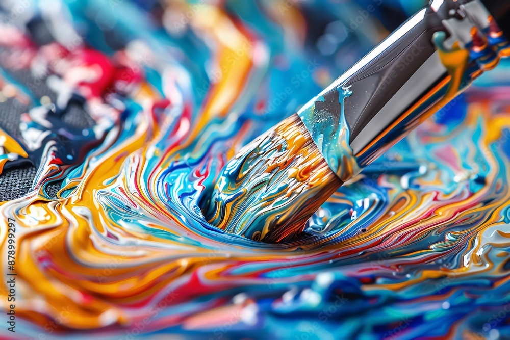 Poster close-up of a paintbrush mixing vibrant colors on a canvas, depicting an abstract and dynamic artist
