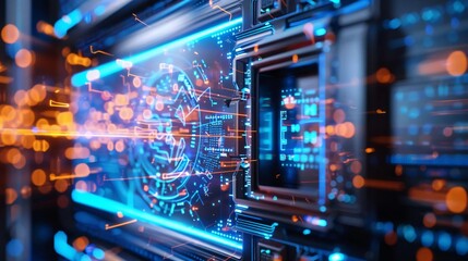 Futuristic computer circuit board with vibrant lights, representing advanced technology and digital innovation.