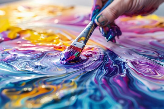 Close-up of an artist's hand blending vibrant paints on a canvas with a paintbrush, creating a colorful and abstract artwork.