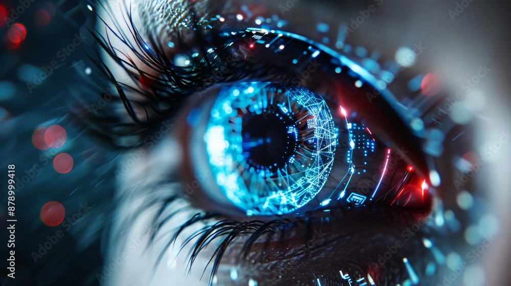 Poster close-up of a digital, cybernetic eye with blue circuits and glowing patterns, representing advanced