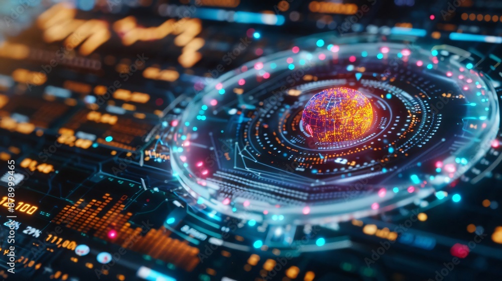 Poster a vibrant, futuristic digital interface with glowing data, lights, and circular graphics representin