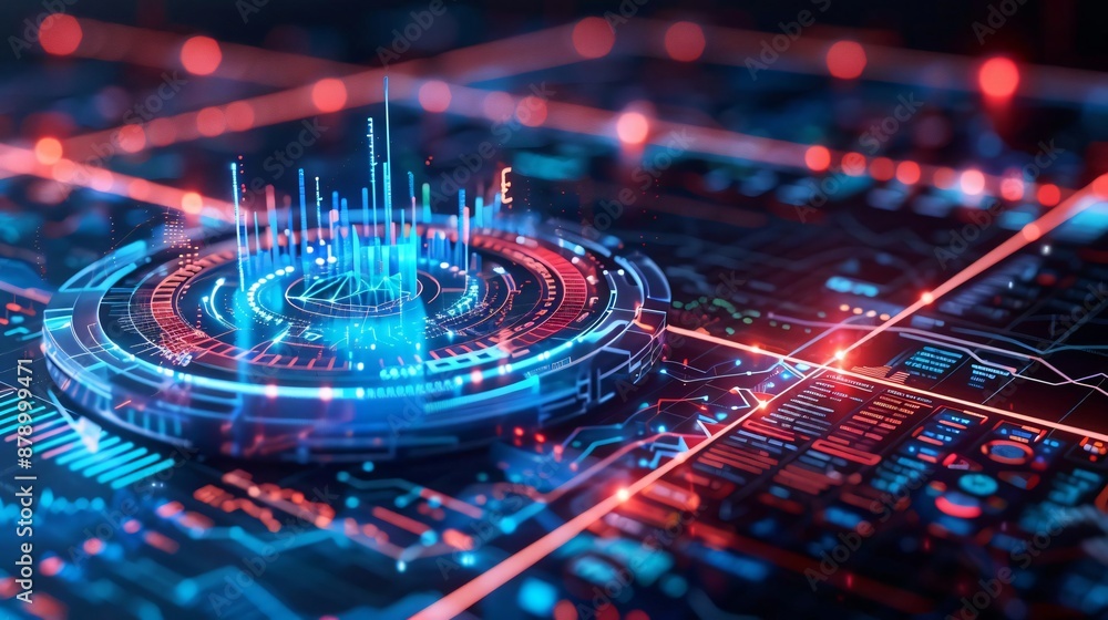 Poster futuristic digital interface with abstract circuit board and glowing data visualization, representin