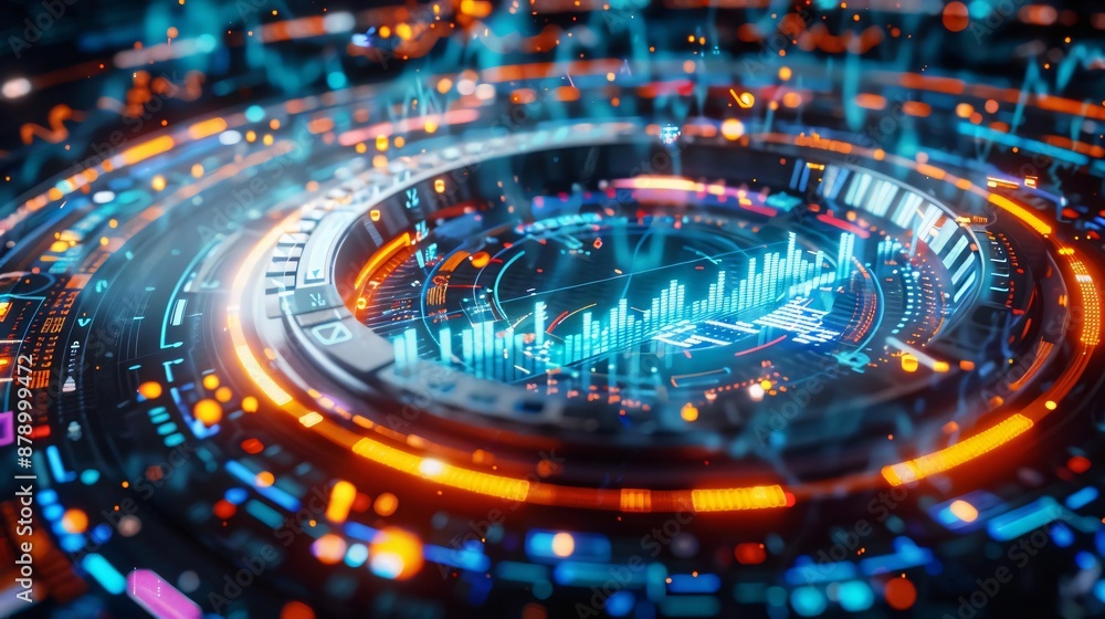 Poster futuristic digital interface with vibrant data visualizations, technology elements and neon lights, 