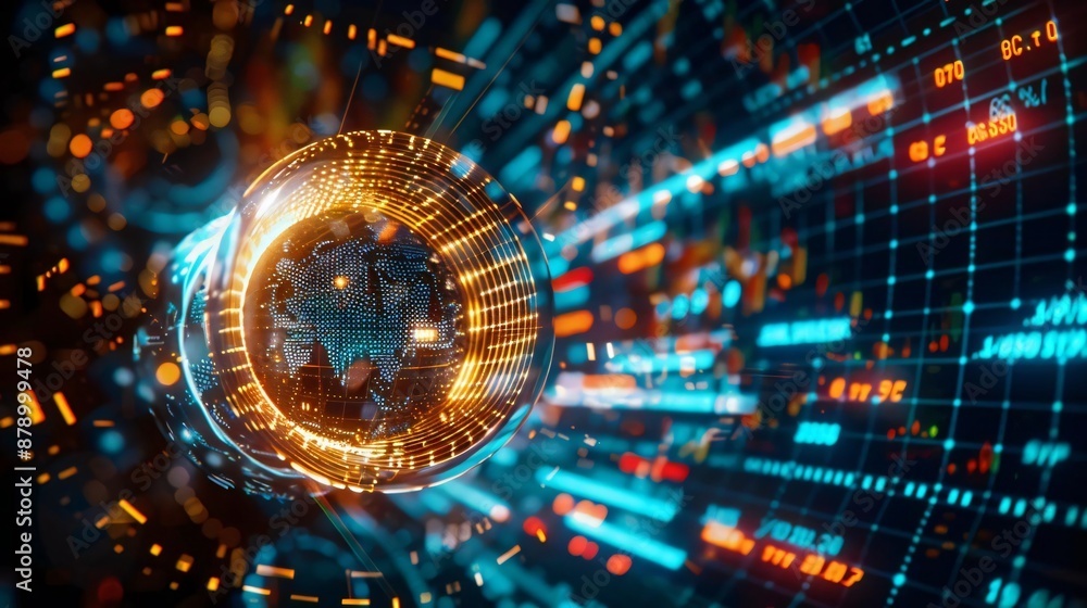 Poster futuristic digital globe surrounded by dynamic data streams, representing global communication, tech