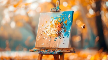 Vibrant Abstract Art on Canvas Displayed on Easel in Autumn Landscape
