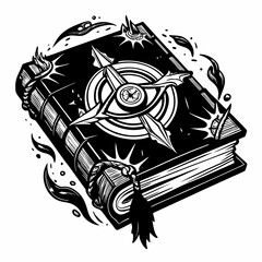 Obraz premium Enchanted Spellbook with Mysterious Symbols and Magical Elements in Monochrome Illustration