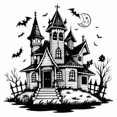 Spooky Haunted House with Bats and Moon in Black and White Illustration