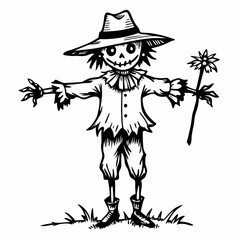 Fototapeta premium Rustic Hand Drawn Scarecrow Illustration with Hat and Flower on White Background