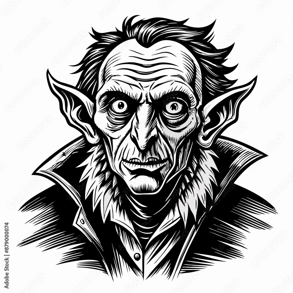 Poster detailed line art illustration of a creepy vampire with pointy ears and sharp features