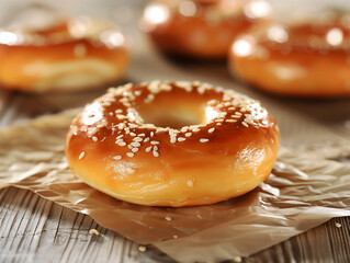 fresh baked buttery bagels with sesame seeds, on a wooden table, for breakfast, bakery, bread