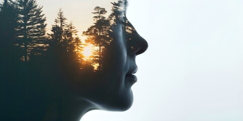 Symbolizing Unity and Growth Trees Silhouette Overlay Human Face Representing the Connection with Nature. Concept Unity, Growth, Trees, Silhouette, Connection with Nature