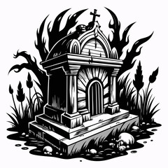 Black and White Illustration of Spooky Gothic Tomb with Spooky Elements and Creepy Atmosphere