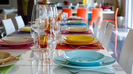 A sleek, white dining table set with colorful plates and napkins, ready for a lively and vibrant dinner party.