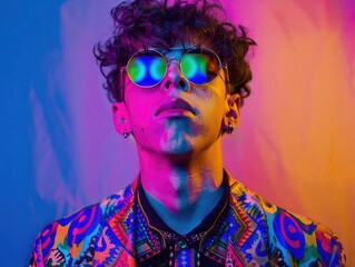 Fototapeta premium portrait of young LGBT teen lively man with colorful rainbow color theme, fashionable hair style, wearing round chrome vibrant reflect sunglasses.