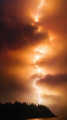 Obraz premium Generative AI, Thunderous Glow: A Striking Lightning Bolt Over a Forest