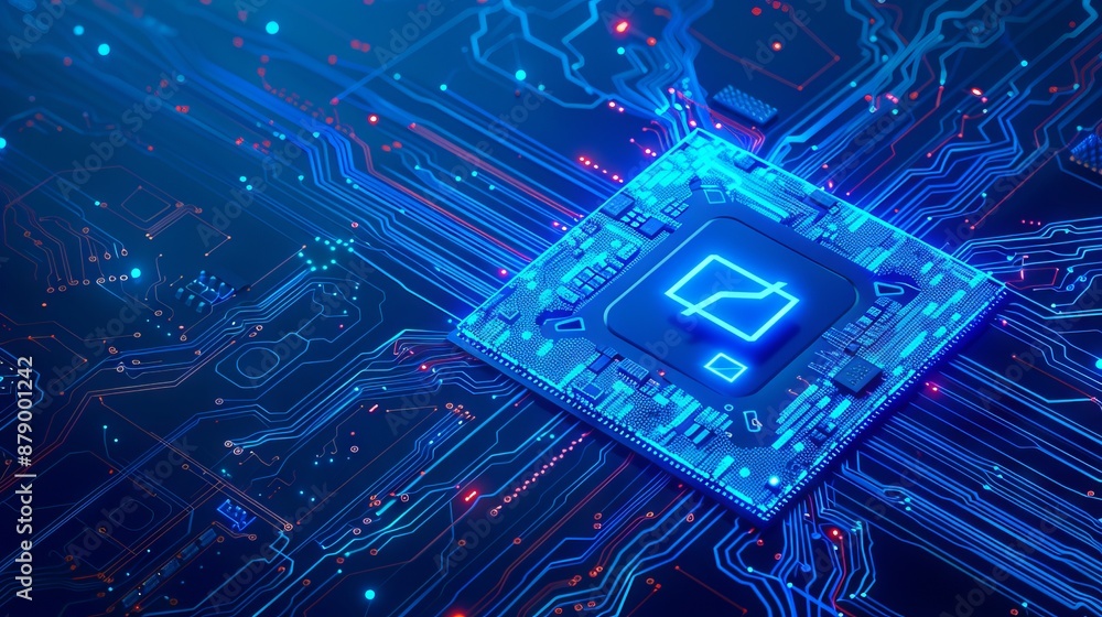 Poster ai chip and two recycle digital arrows. abstract digital ai processor in low poly wireframe with neo