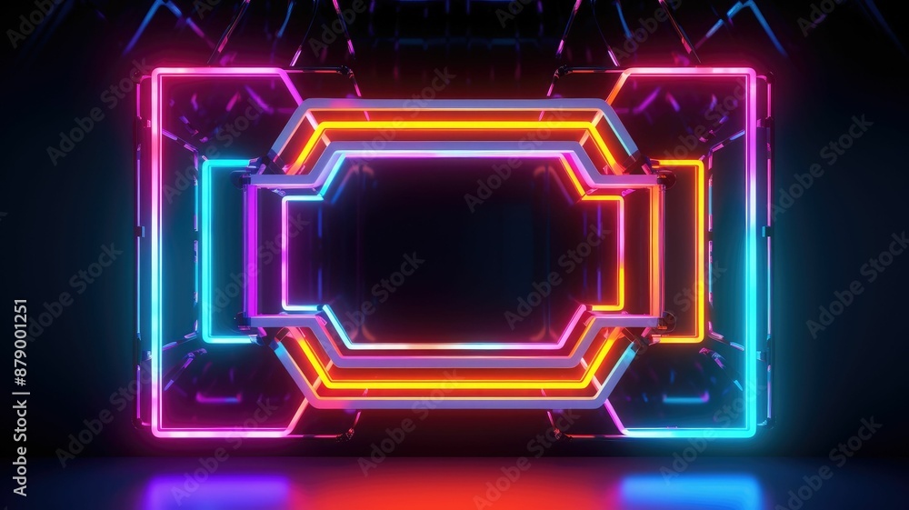 Poster futuristic neon light portal in a reflective surface. luminous neon light portal with square shape w