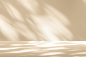 Wall interior background, studio and backdrops show products. with leaf shadow from window color beige and white. background for text insertion and presentation of product