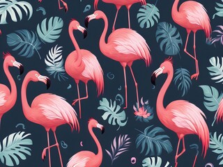 Naklejka premium Generative AI. Beautiful tropical vector seamless pattern background with coconut palm trees, flamingo, hibiscus. Isolated on white background. The Summer beach surfing illustration.