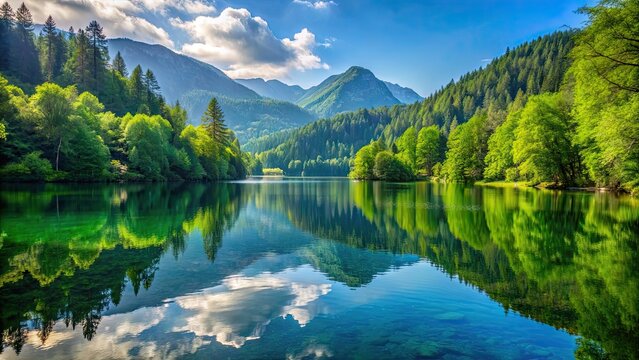 Tranquil mountain lake surrounded by lush greenery reflecting in calm waters, serene, peaceful, nature, scenic, landscape