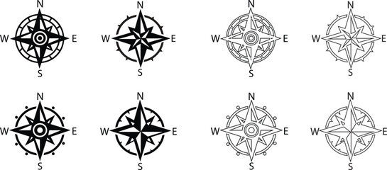 Compass flat, Outline icons Set. Monochrome navigational compass with cardinal directions of North, East, South, West. Nautical wind rose. Geographical position, cartography on transparent background. © M