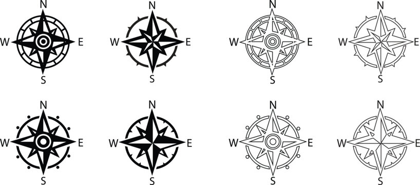 Compass flat, Outline icons Set. Monochrome navigational compass with cardinal directions of North, East, South, West. Nautical wind rose. Geographical position, cartography on transparent background.