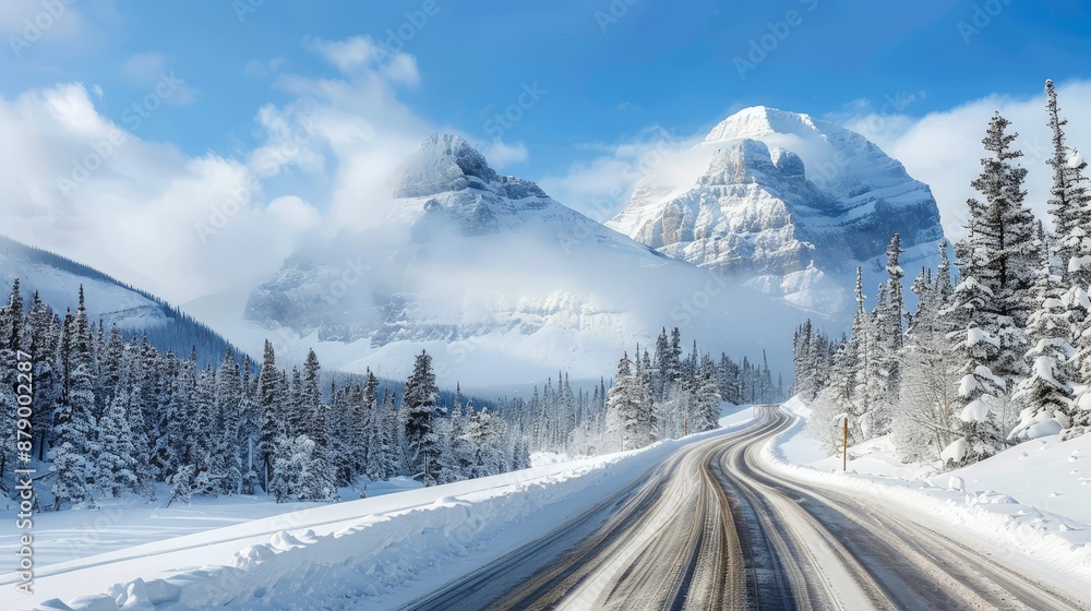 Poster A snowy mountain road with fresh powder, winding through a winter wonderland, perfect for a picturesque winter drive.