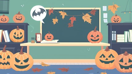 Classroom with pumpkins and blackboard, festive learning environment, flat design illustration