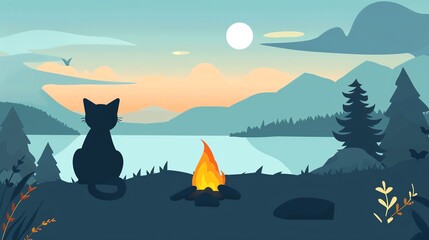 Fototapeta premium Cat sitting by a campfire, outdoor adventure, flat design illustration