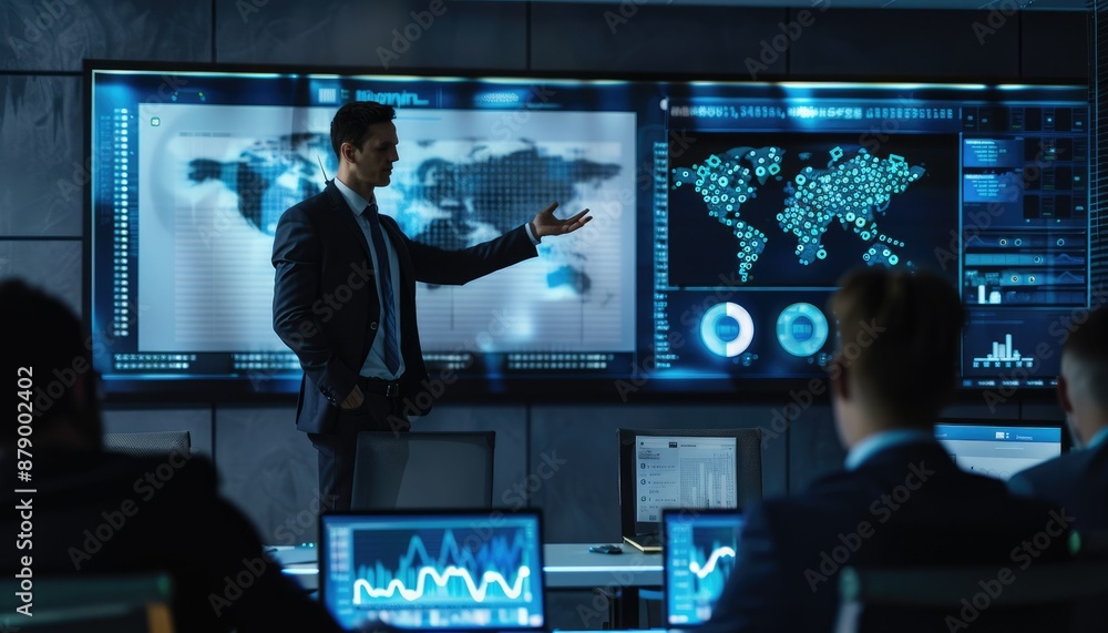 Poster office presentation with robots and data charts, symbolizing future business technology and ai integ