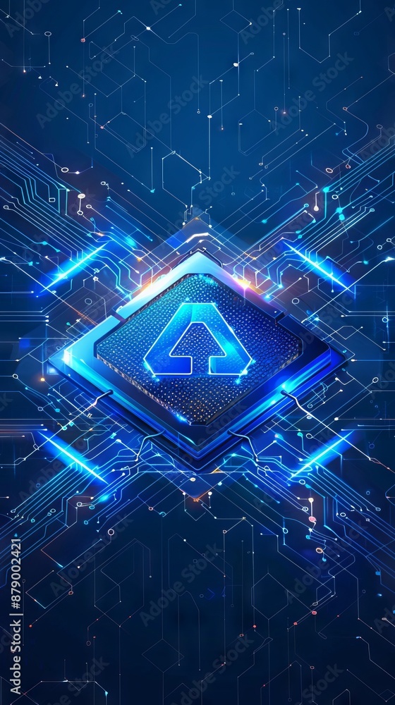 Poster ai chip and two recycle digital arrows. abstract digital ai processor in low poly wireframe with neo