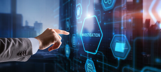Investigation Business concept. Man presses investigations button on a virtual screen