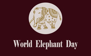 World Elephant Day banner or poster with maroon background and elephant art in center. copy space for text. illustration image
