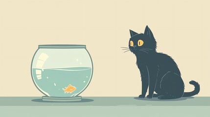 Cat with a fishbowl, inquisitive gaze, flat design illustration