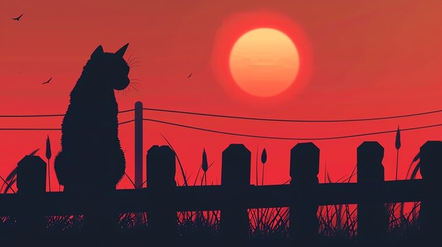 Cat sitting on a fence at sunset, tranquil scene, flat design illustration