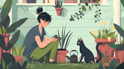 Cat and owner doing gardening, outdoor activity, flat design il
