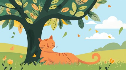 Cat under a tree, relaxing on a sunny day, flat design