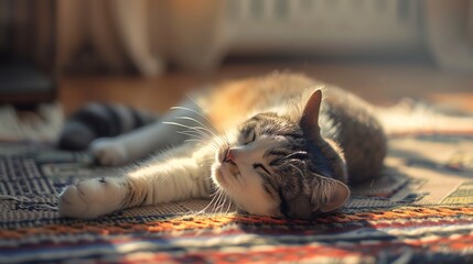 Cat stretching on a rug, morning light, flat desig