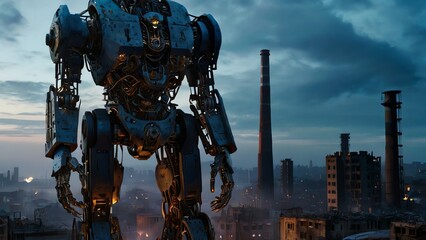 A towering metallic titan, bathed in an eerie blue light, looms ominously over a city in bg