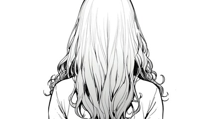 Fototapeta premium Back view of beautiful long shiny curly hair of a woman on plain white background,manga, bg