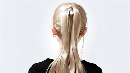 Naklejka premium Back view of beautiful long shiny ponytails hair of a woman on plain white background, bg