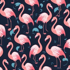 Obraz premium Generative AI. Beautiful tropical vector seamless pattern background with coconut palm trees, flamingo, hibiscus. Isolated on white background. The Summer beach surfing illustration.