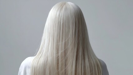 Naklejka premium Back view of beautiful long shiny straight white hair of a woman on plain white background, hair products ads bg