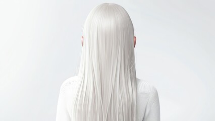 Back view of beautiful long shiny straight white hair of a woman on plain white bg