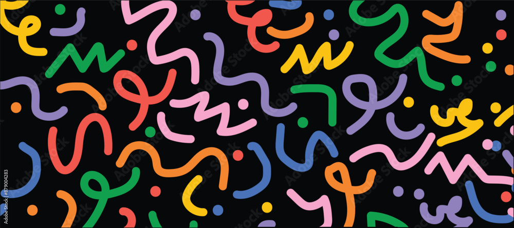 Poster set of fun colorful line doodle seamless pattern. creative abstract art background collection for ch