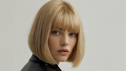 Blonde long shinny hair Bob cut of a woman on plain white bg